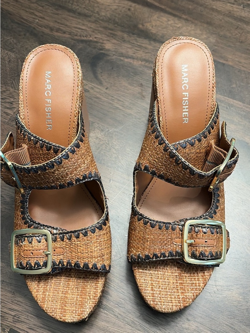 Marc Fisher Tan & Brown Woven Buckle Slide Sandals